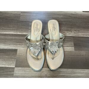 Dexflex By Dexter Metallic Flower Wedge Thong Taupe Embellished Sandal 10 Resort